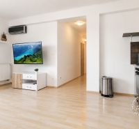 Wohnzimmer in einer 2-Zimmer-Wohnung mit Holzboden, Fernseher und Küchenzeile.