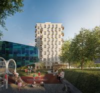 Wohngebäude mit Glasfassaden und Kinderspielplatz in Mlynské Nivy in Bratislava - Ružinov.