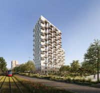 Moderne Wohnbebauung an den Mlynské Nivy in Bratislava-Ružinov, neben der Straßenbahnstrecke.
