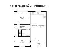 Grundriss einer 3-Zimmer-Wohnung mit Schlafzimmer, Wohnzimmer mit Küche und Loggia.