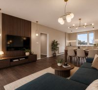 Wohnzimmer mit Holzboden, Esstisch und bequemer Couch in einer 3-Zimmer-Wohnung.