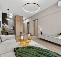 Wohnzimmer in einer 2-Zimmer-Wohnung mit Holzboden und bequemer Sitzgelegenheit.