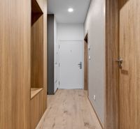 Flur in einer 2-Zimmer-Wohnung mit Holzboden und Holztüren.