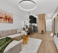 Wohnbereich in einer 2-Zimmer-Wohnung mit Holzboden und stilvollen Möbeln.