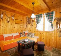 Gemütliche Hütte mit Holzverkleidung, Sofa und Jagdtrophäen an den Wänden.