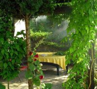 Gartenmöbel bei der Hütte in Žilina, umgeben von Grün und Blumen.