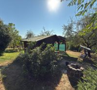 Die Hütte im Weingarten in Lučenec, umgeben von Grün und Bäumen, mit einer Feuerstelle im Garten.