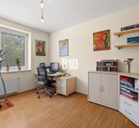 Ein Arbeitszimmer mit einem Tisch, Blumen und einem Fitnessgerät in einer 4-Zimmer-Wohnung mit einem Boden in Holzoptik.