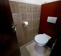 Badezimmer im Einfamilienhaus mit Keramikfliesen und hängender Toilette.