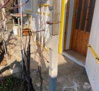 Eingang zu einer Hütte mit Holztüren in Banka, wo es auch Weinberge und Blumen gibt.