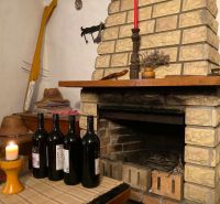 Im Chalet befindet sich ein gemauerter Kamin, Weinflaschen und eine Kerze auf dem Tisch.