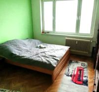 Schlafzimmer in einer Einzimmerwohnung mit grüner Wand und Boden in Holzoptik.