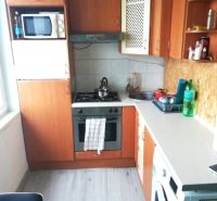 Küche in einer Einzimmerwohnung mit Holzboden, grundlegenden Geräten und Schränken.