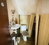 Badezimmer mit Toilette und Waschbecken, Boden mit Holzdekor, Einfamilienhaus.