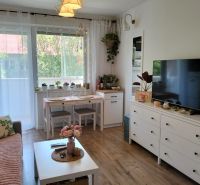Wohnzimmer in einer Einzimmerwohnung mit Holzboden und weißen Möbeln.