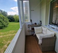 Eine verglaste Loggia mit Blick ins Grüne, eine gemütliche Couch und Dekorationen, 1-Zimmer-Wohnung.