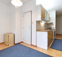 Küche in einer 2-Zimmer-Wohnung mit Küchenzeile und blauen Teppichen auf dem Boden.