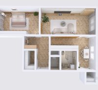 Grundriss einer 2-Zimmer-Wohnung mit Holzboden und modernen Möbeln.