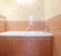 Badezimmer in einer 2-Zimmer-Wohnung mit Badewanne und Waschbecken, gefliest mit beige- und rosafarbenen Fliesen.