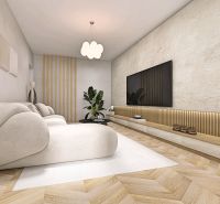 Ein helles Wohnzimmer mit einem bequemen Sofa, einem Holzboden und einem Fernseher. 2-Zimmer-Wohnung.