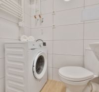 Badezimmer in einem Studio-Apartment mit Waschmaschine, Toilette und Holzboden.