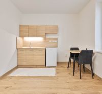 Einzimmerwohnung mit Küchenzeile, Kühlschrank und Tisch, ergänzt durch einen Boden mit Holzdekor.