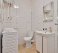 Badezimmer in einem Einzimmerapartment mit Waschmaschine, Toilette, Waschbecken und Boiler, Boden mit Holzdekor.