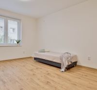 Einzimmerwohnung mit Bett, Holzboden und Fenster mit Aussicht.
