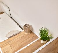 Ein Studio mit Holzboden, einem Bett und einer Topfpflanze.