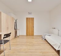 Einzimmerwohnung mit Bett, Schrank, Tisch und Boden in Holzoptik.