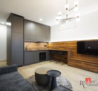 Küche in einer 2-Zimmer-Wohnung mit Holzboden und Wandfernseher.