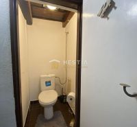 Toilette im Einfamilienhaus mit dunklen Fliesen und weißen Wänden.