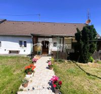Ein Einfamilienhaus in Borský Mikuláš mit Garten und Blumen in Töpfen vor der Veranda.