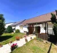 Ein Einfamilienhaus in Borský Mikuláš mit Garten, Blumen und Rasen im sonnigen Hof.