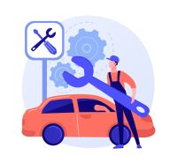 Mechaniker in Overalls mit einem riesigen Schraubenschlüssel am Auto und einer Servicetafel.