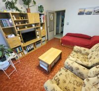 Wohnzimmer in einer 4-Zimmer-Wohnung mit Sofa, roter Sitzecke und Wandregal.