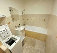 Badezimmer mit Waschmaschine, Badewanne und Waschbecken in einer 4-Zimmer-Wohnung.