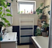Kúpeľňa v 3-izbovom byte s vaňou, rastlinami a malým oknom.

Badezimmer in einer 3-Zimmer-Wohnung mit Badewanne, Pflanzen und kleinem Fenster.