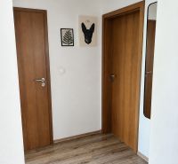 Flur in einer 3-Zimmer-Wohnung mit einem Boden in Holzoptik und Holztüren.