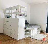 Ein Zimmer in einer Einzimmerwohnung mit einem Boden in Holzoptik, weißen Möbeln und einem Bett.