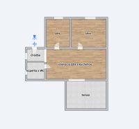 Der Grundriss eines Einfamilienhauses mit Terrasse umfasst zwei Zimmer, ein Badezimmer und eine Küche.