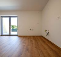 Ein Zimmer in einem Einfamilienhaus mit einem Boden in Holzoptik und Zugang zur Terrasse.
