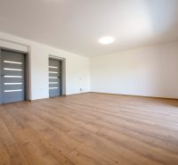 Ein Raum in einem Einfamilienhaus mit einem Boden in Holzoptik und grauen Türen.