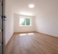 Ein Zimmer in einem Einfamilienhaus mit weißen Wänden und einem Boden in Holzoptik.