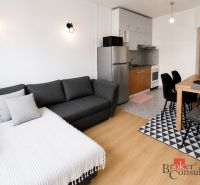 Stilvolles Interieur einer 2-Zimmer-Wohnung mit Holzboden, Küche und Esstisch.