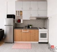 Küche in einer 2-Zimmer-Wohnung mit Geräten und Boden in Holzoptik.