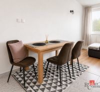 Essbereich mit Tisch und Stühlen in einer 2-Zimmer-Wohnung, mit einem Boden in Holzoptik.