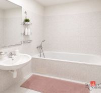 Badezimmer in einer 2-Zimmer-Wohnung mit Badewanne, Waschbecken und hellem Fliesenbelag.