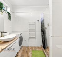 Badezimmer im Einfamilienhaus mit Holzboden-Dekor und Waschmaschine.
