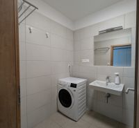 Badezimmer mit Waschmaschine und Waschbecken in einer 2-Zimmer-Wohnung.